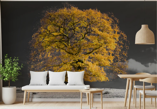 Autumn golden tree mural displayed in a dining room with grey tones.