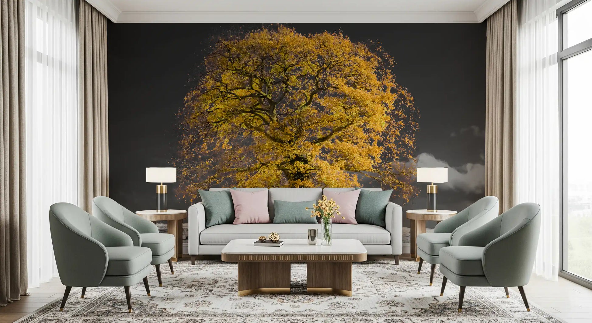 Golden solitude wall mural with a large yellow tree on grey landscape., GD10438