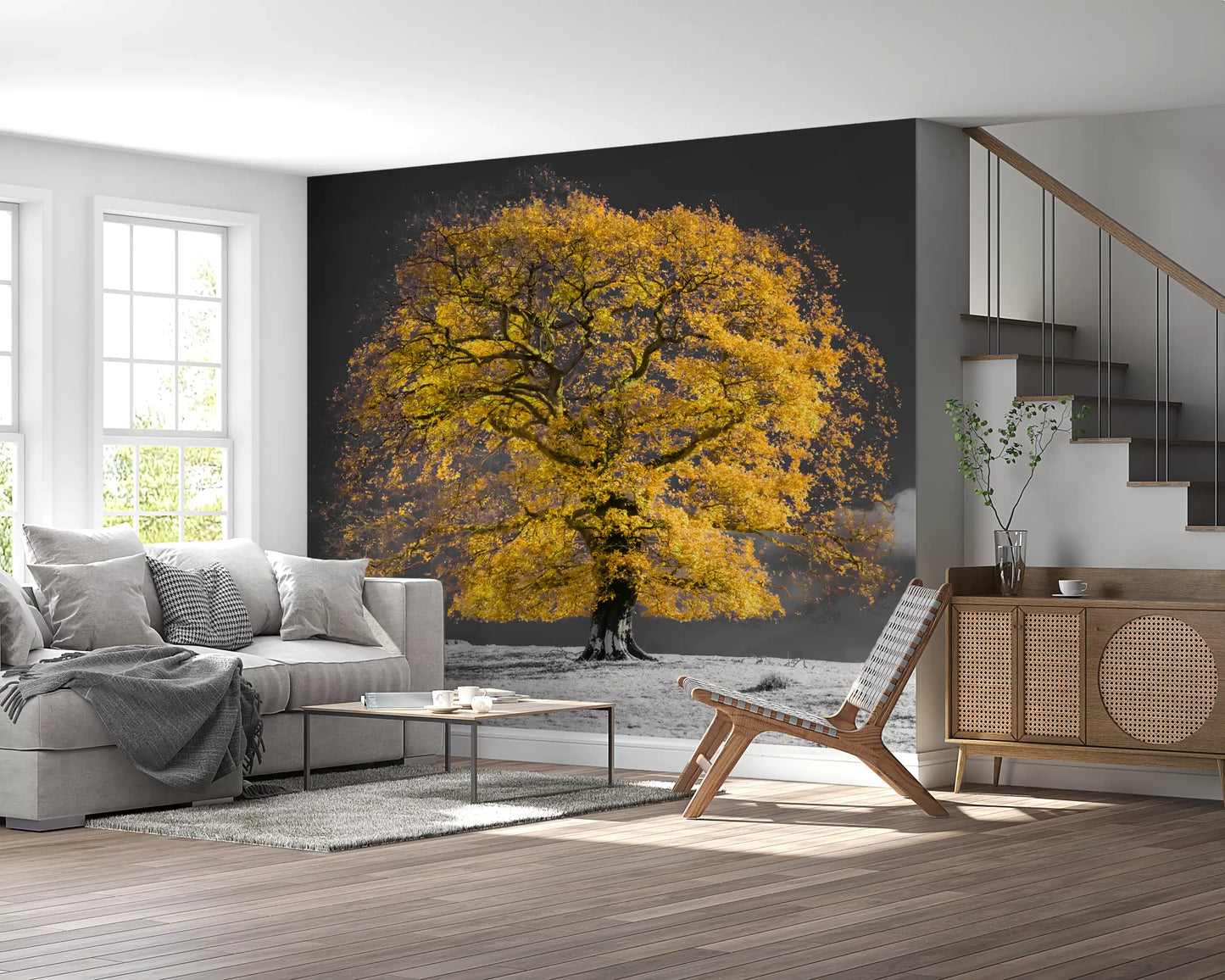 Single golden tree wall mural with dramatic grey tones and cloudy sky., GD10438