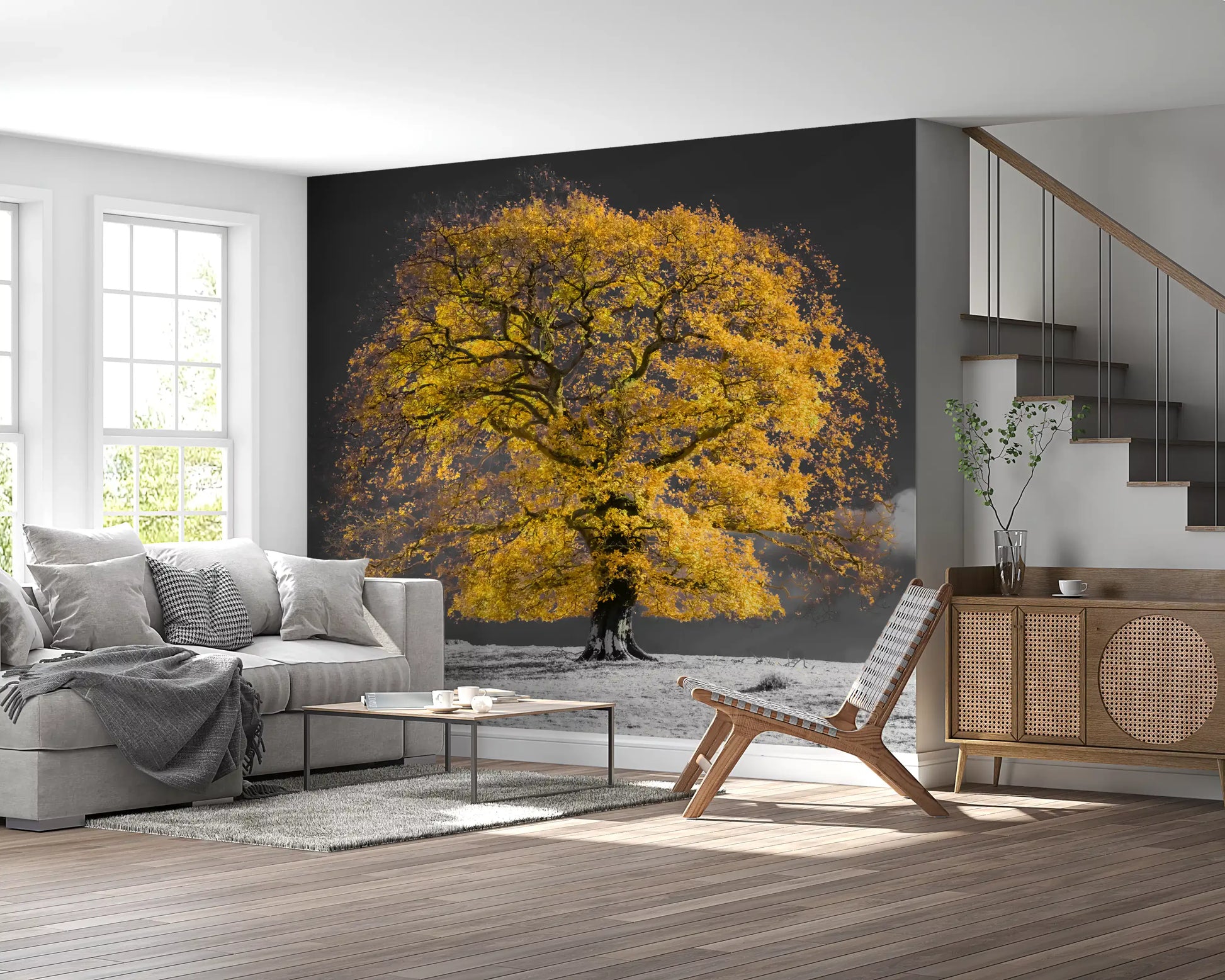 Single golden tree wall mural with dramatic grey tones and cloudy sky., GD10438