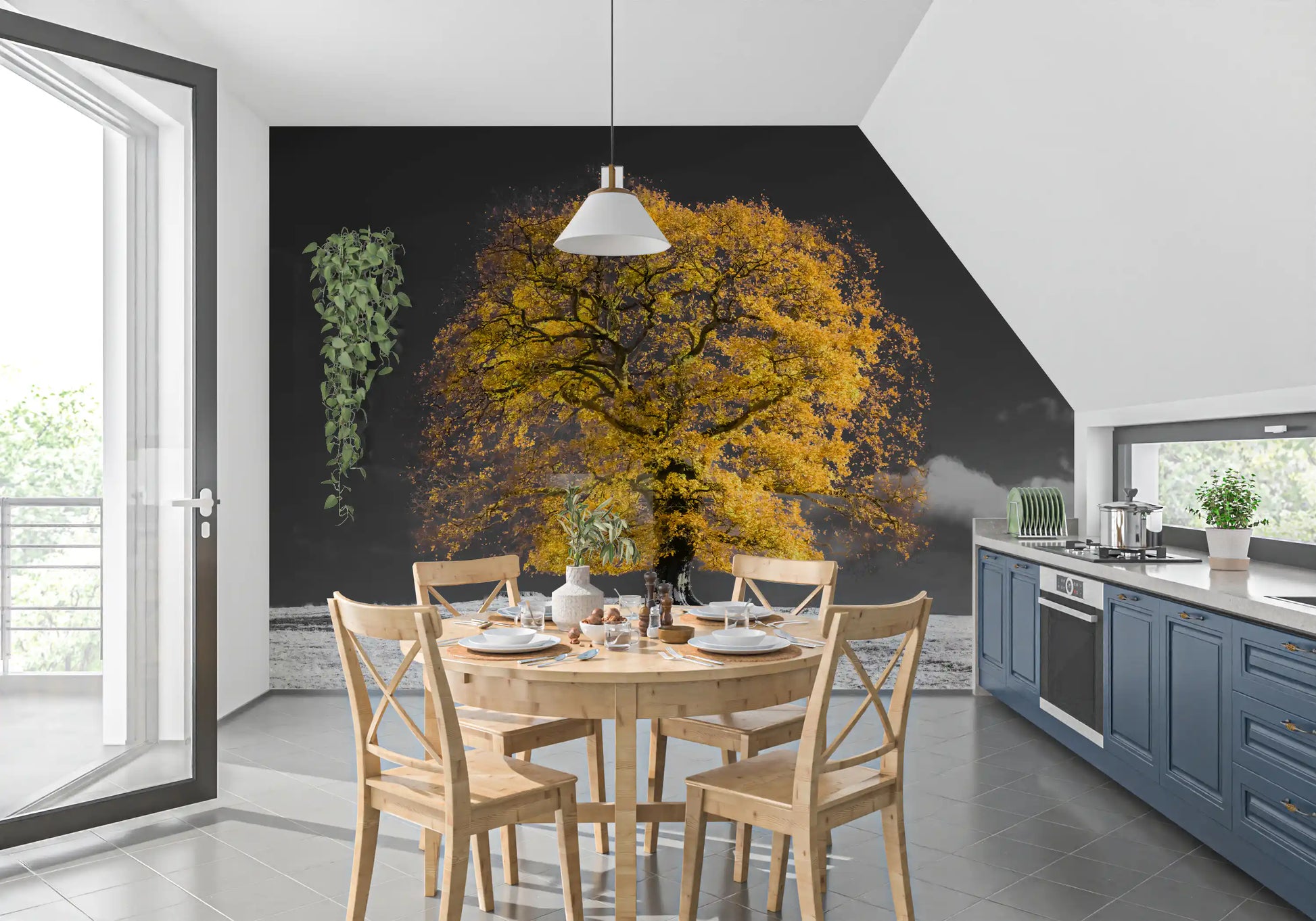 Monochrome landscape mural with a bright golden tree as focal point., GD10438