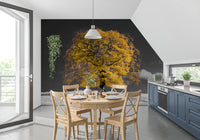 Monochrome landscape mural with a bright golden tree as focal point., GD10438