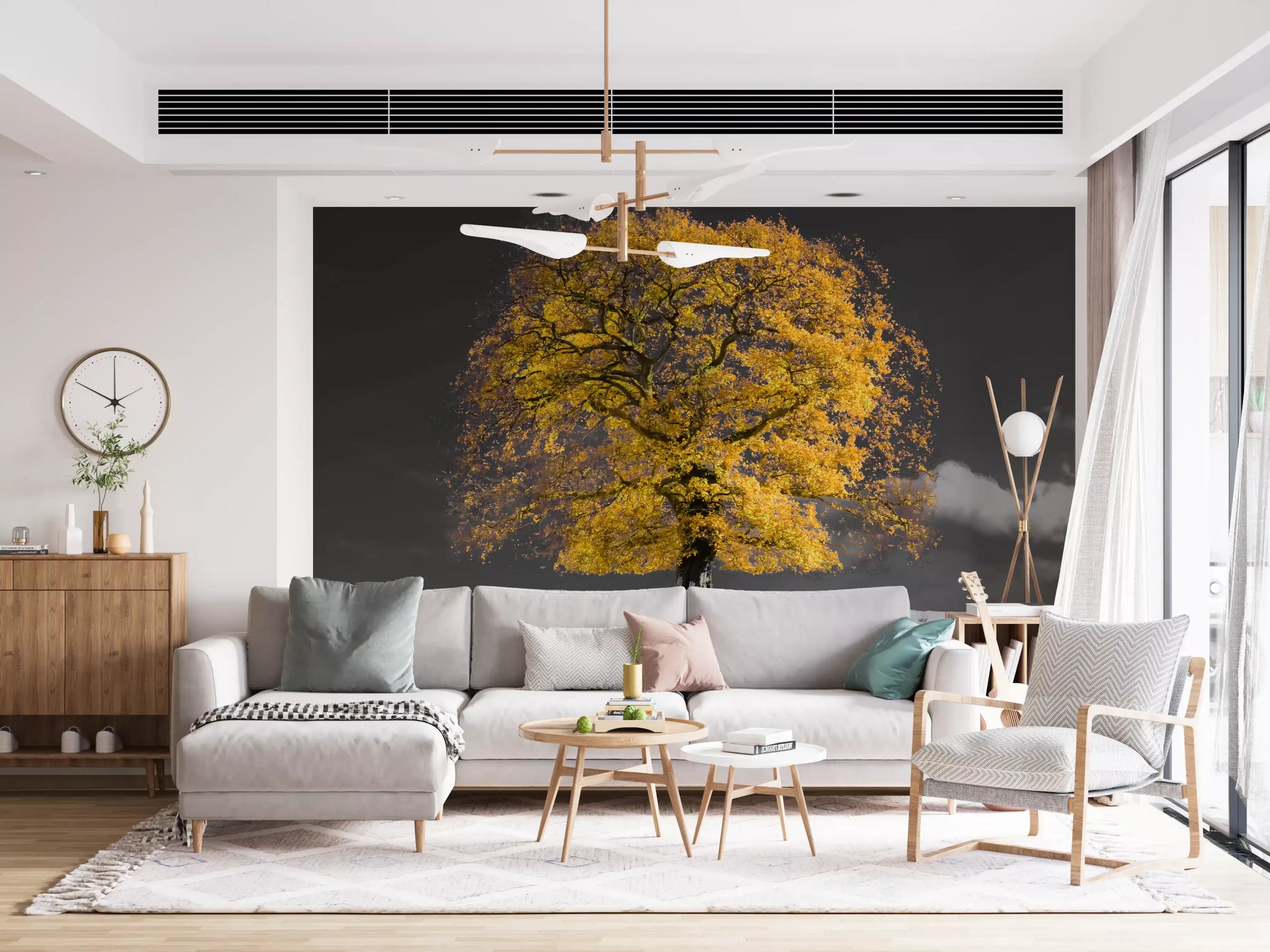 Golden solitude tree wall mural in a living room with neutral color., GD10438
