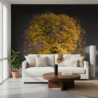 Autumn golden tree mural featuring warm yellow foliage and dark sky., GD10438