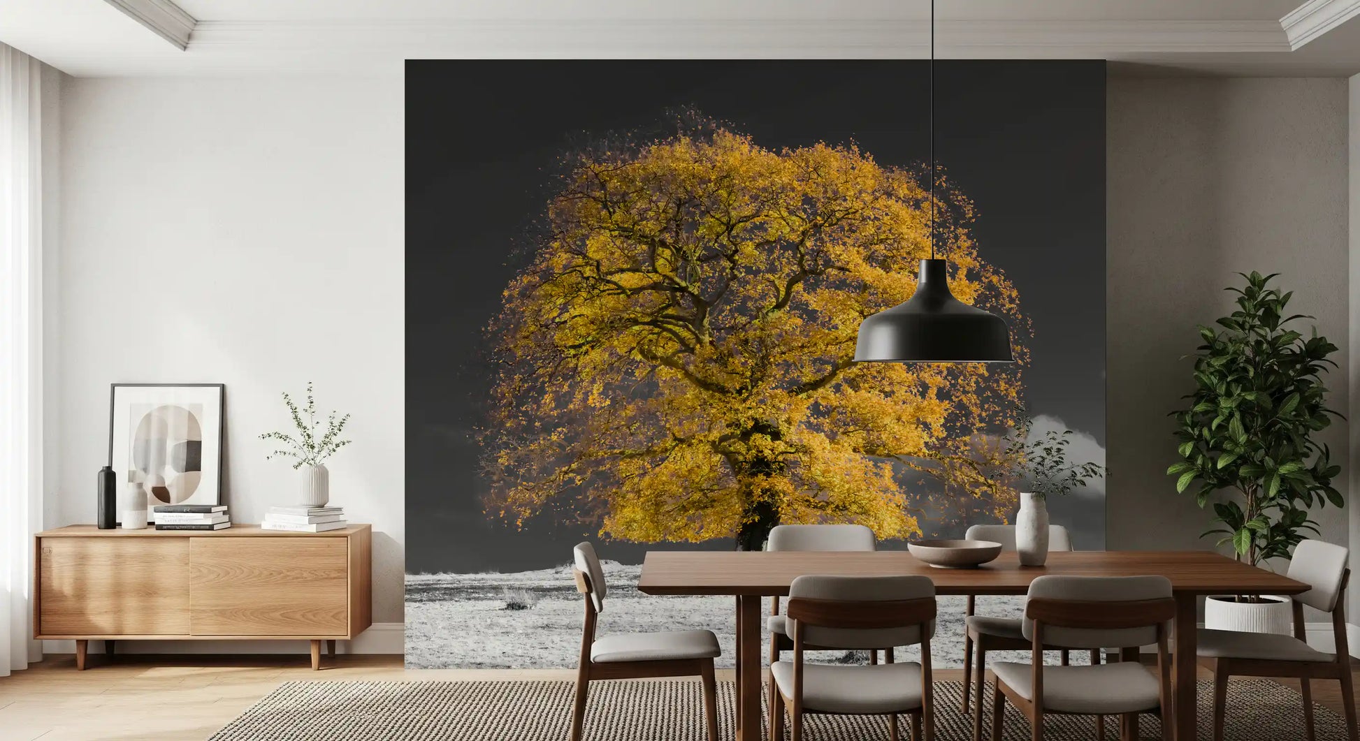 Lone tree with golden leaves against a monochrome grey backdrop mural in dining area., GD10438