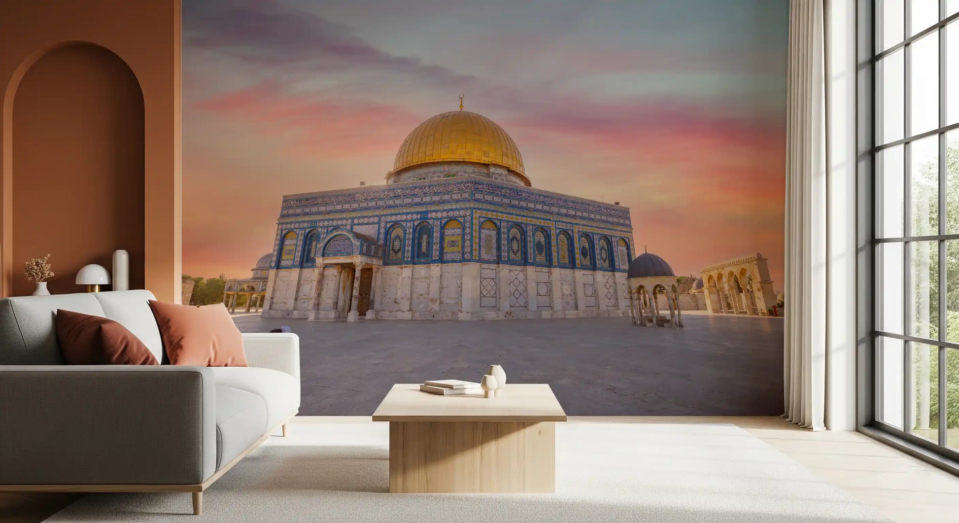 Golden hour wall mural with a crescent finial atop the golden dome., GD10439