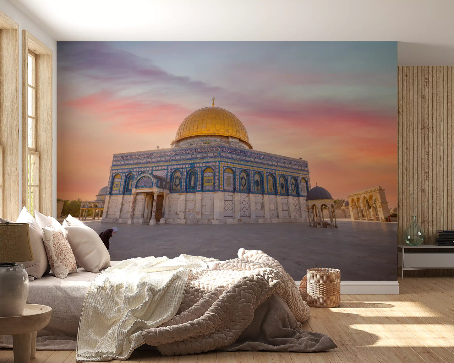 Dome of the Rock wall mural with turquoise and gold facade details in bedroom., GD10439