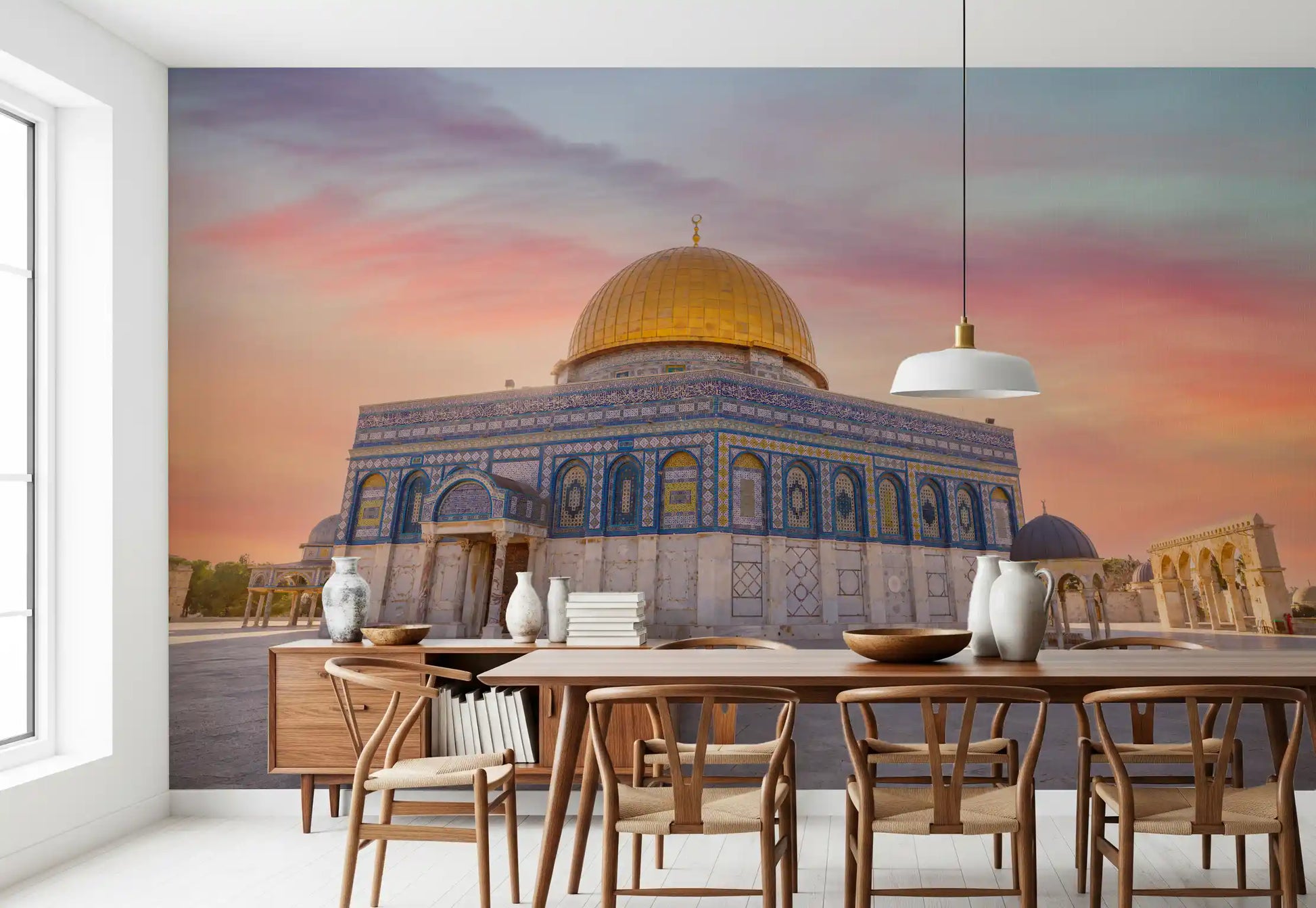 Jerusalem landmark mural showing arched windows and marble walls in dining room., GD10439