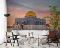 Blue and gold geometric tile patterns on the Dome of the Rock mural., GD10439
