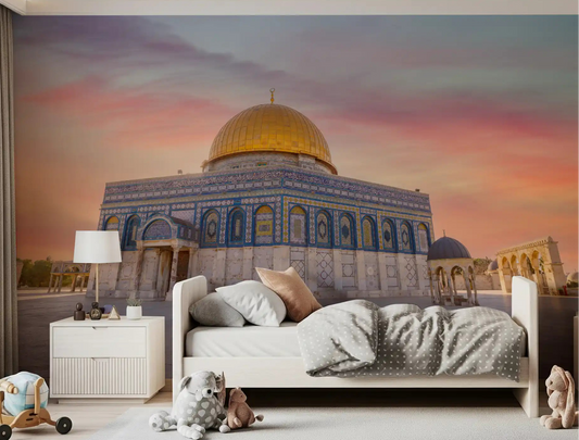 Dome of the Rock sunset wall mural displayed in an kid bedroom space.