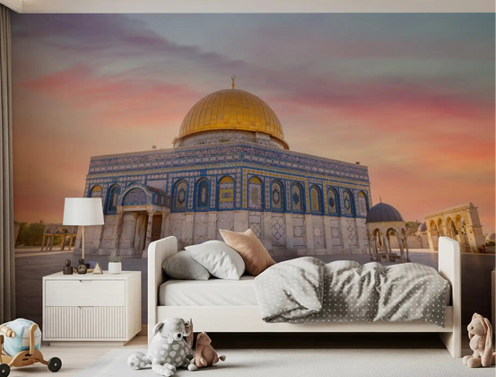 Dome of the Rock sunset wall mural displayed in an kid bedroom space., GD10439