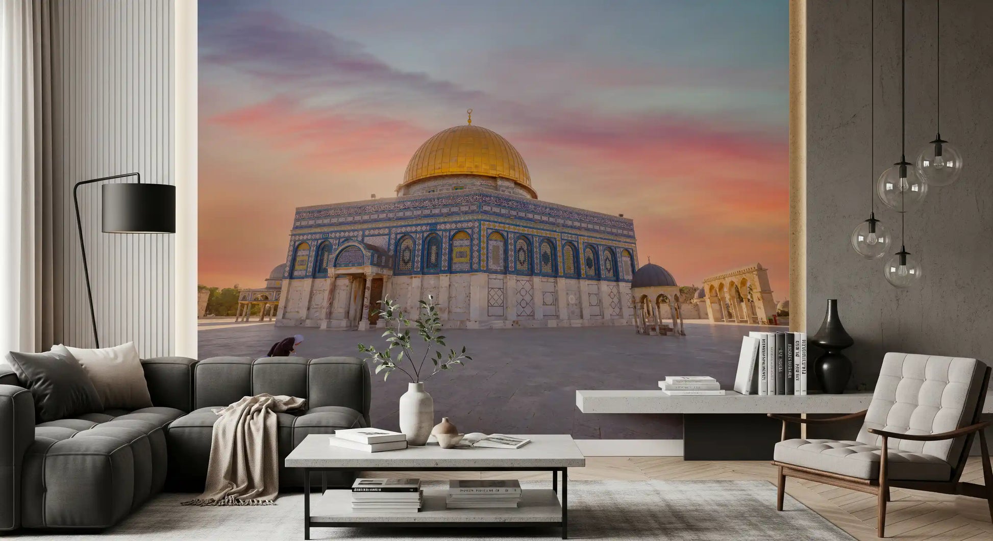 Dome of the Rock wall mural featuring stone courtyard and pastel sunset., GD10439