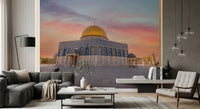 Dome of the Rock wall mural featuring stone courtyard and pastel sunset., GD10439