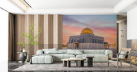 Jerusalem golden hour dome wall mural in a living room with lavender sky., GD10439