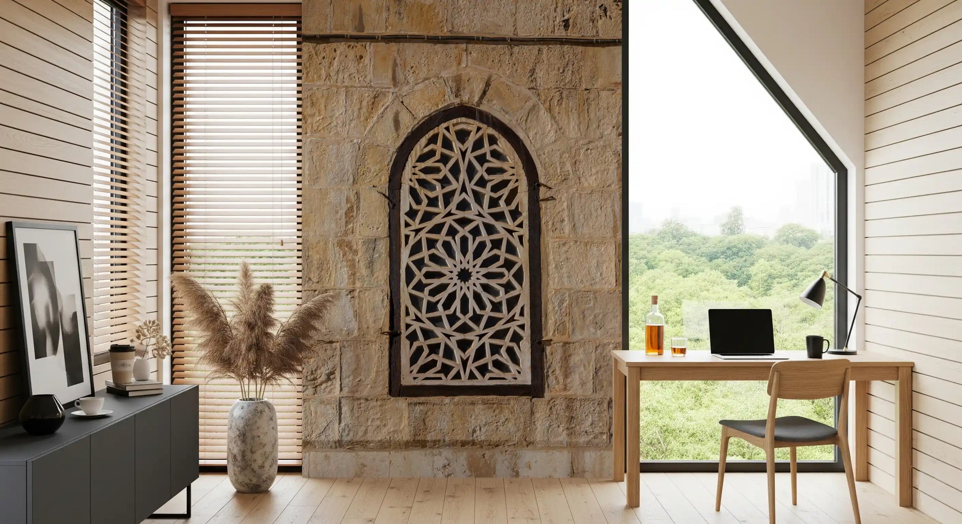 Moorish light pattern mural showing carved rosette and radiating lines., GD10440