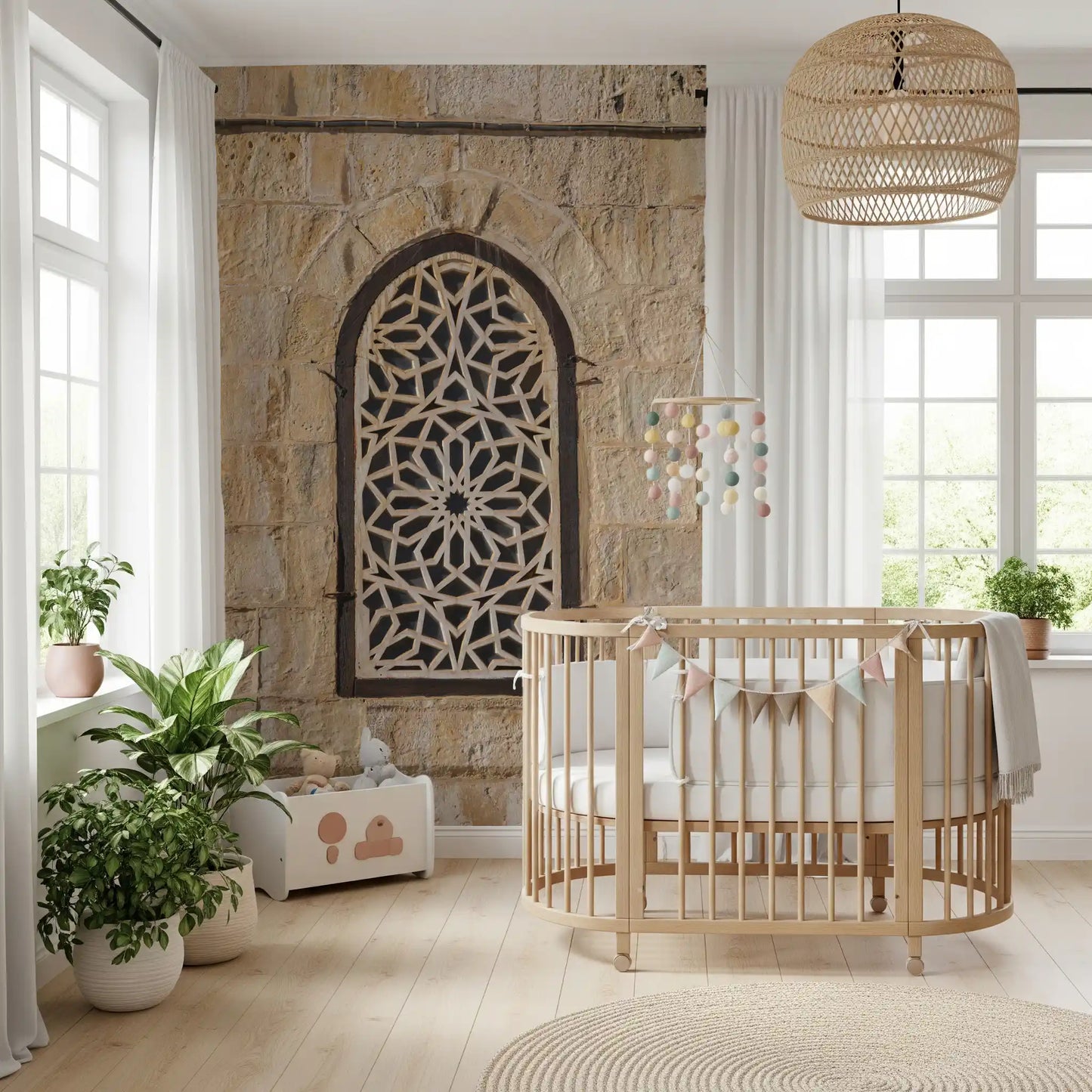 Beige sandstone wall mural with intricate Moorish geometric carving in toddler room., GD10440