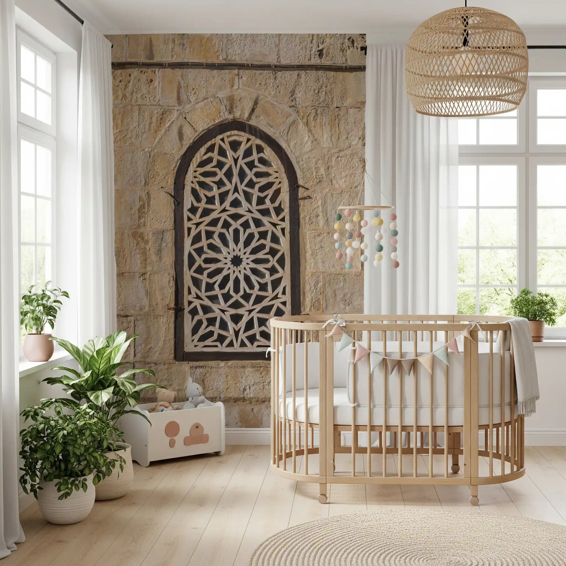 Beige sandstone wall mural with intricate Moorish geometric carving in toddler room., GD10440
