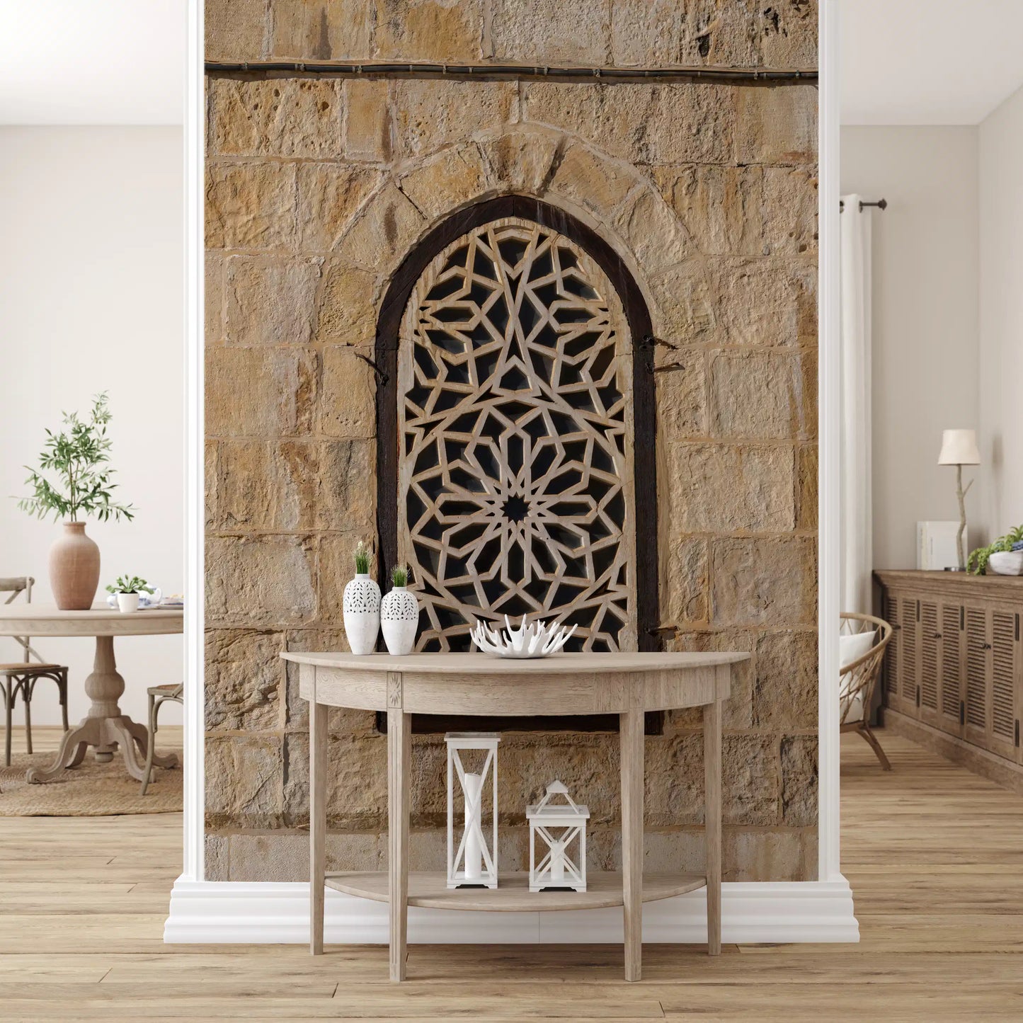 Pointed arch window mural with symmetrical star-shaped stone pattern., GD10440