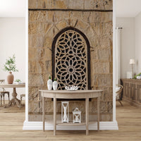 Pointed arch window mural with symmetrical star-shaped stone pattern., GD10440