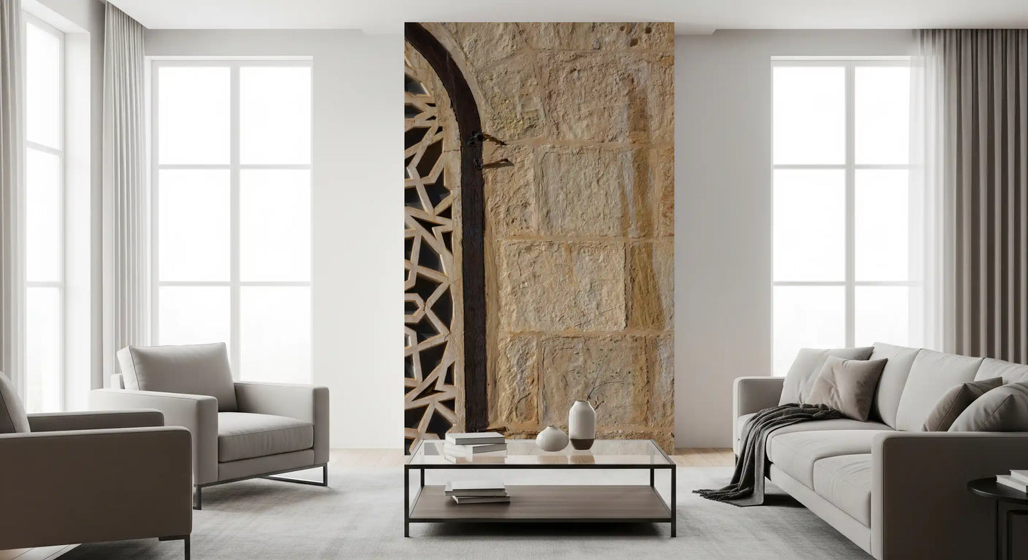 Moorish geometric wall mural featuring interlocking angular stone forms., GD10440