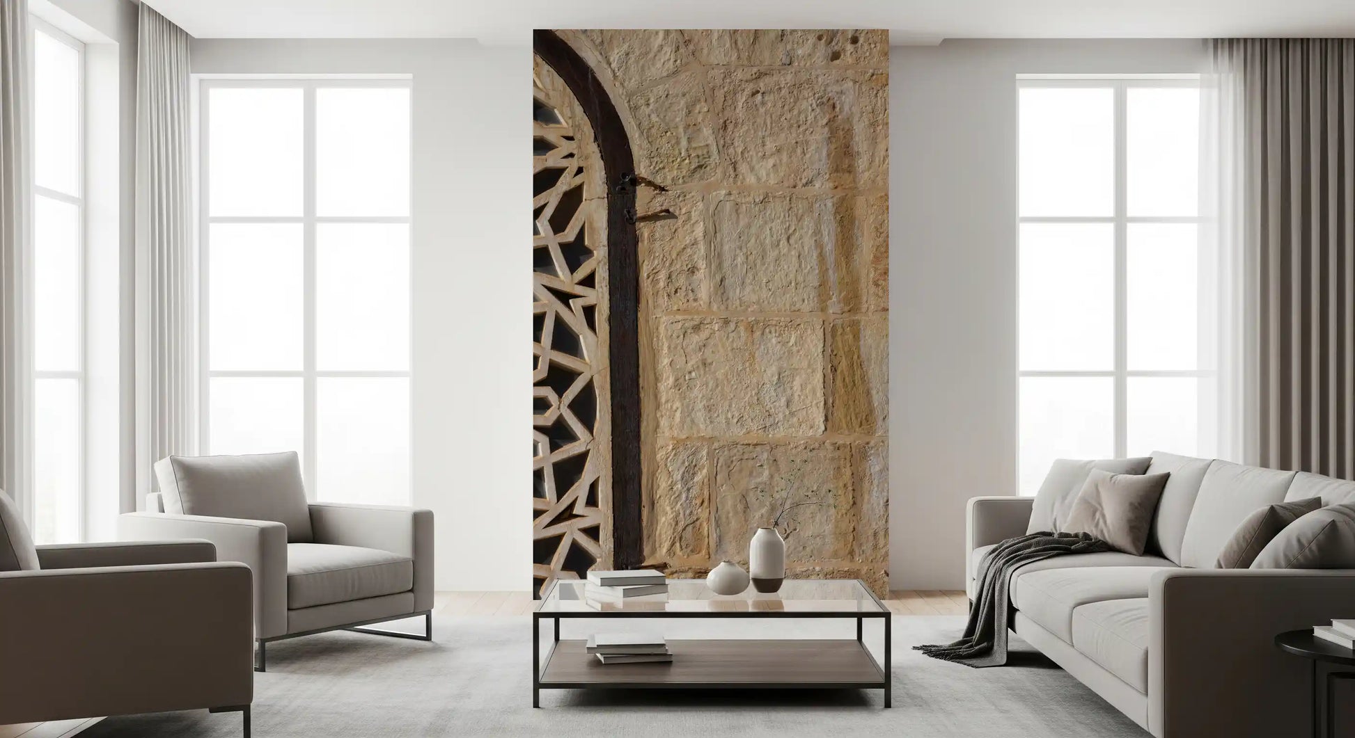 Moorish geometric wall mural featuring interlocking angular stone forms., GD10440