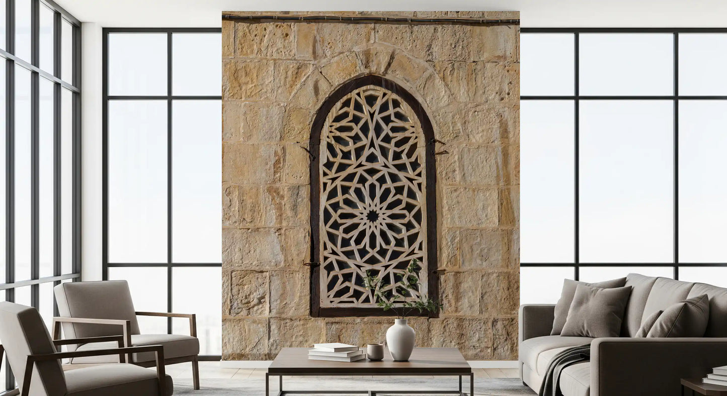 Moorish light pattern wall mural in a living room with neutral tones., GD10440