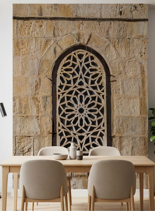 Geometric lattice arch mural displayed in a dining room with star shape stone.