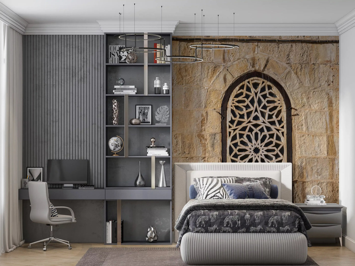 Sandstone block wall mural with a central arched lattice window in bedroom., GD10440