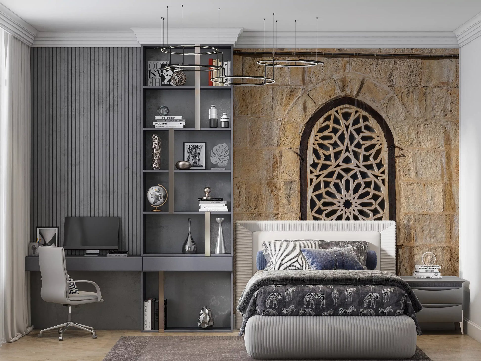 Sandstone block wall mural with a central arched lattice window in bedroom., GD10440