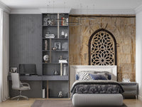 Sandstone block wall mural with a central arched lattice window in bedroom., GD10440
