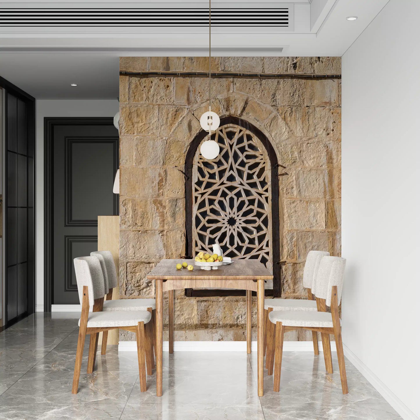 Geometric stone lattice wall mural with dark background behind the arch in dining room., GD10440
