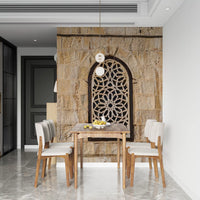 Geometric stone lattice wall mural with dark background behind the arch in dining room., GD10440