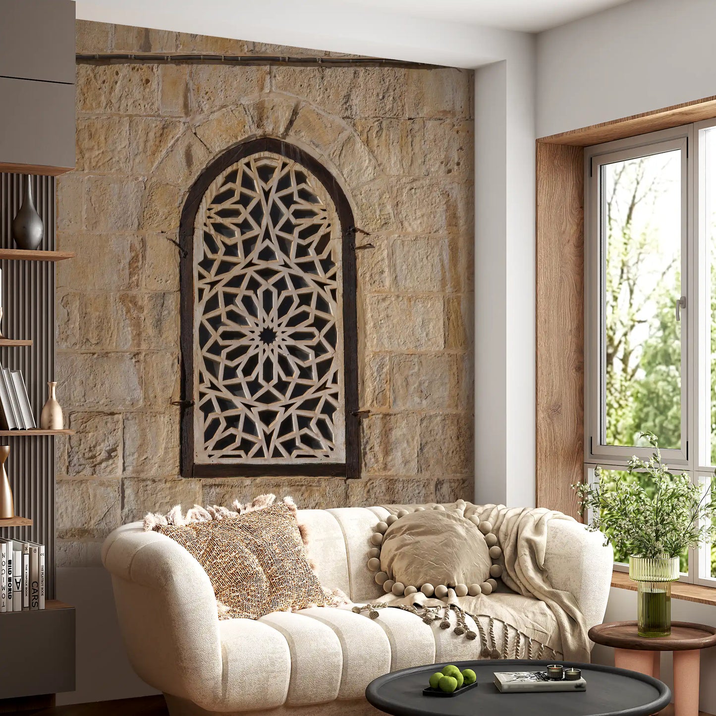 Moorish light pattern wall mural with geometric lattice in a stone arch., GD10440