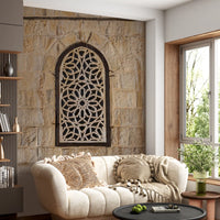 Moorish light pattern wall mural with geometric lattice in a stone arch., GD10440