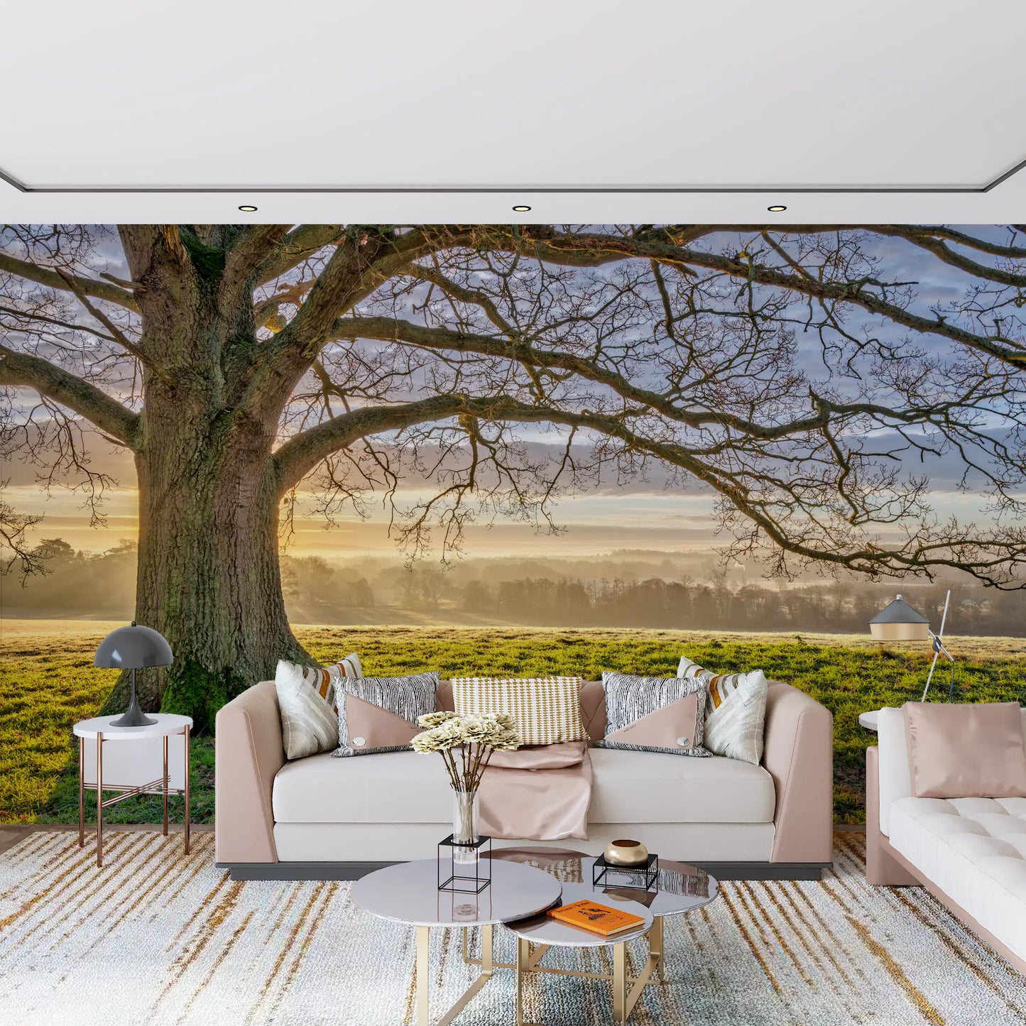 Misty sunrise wall mural with an oak tree casting long shadows in dining room., GD10441