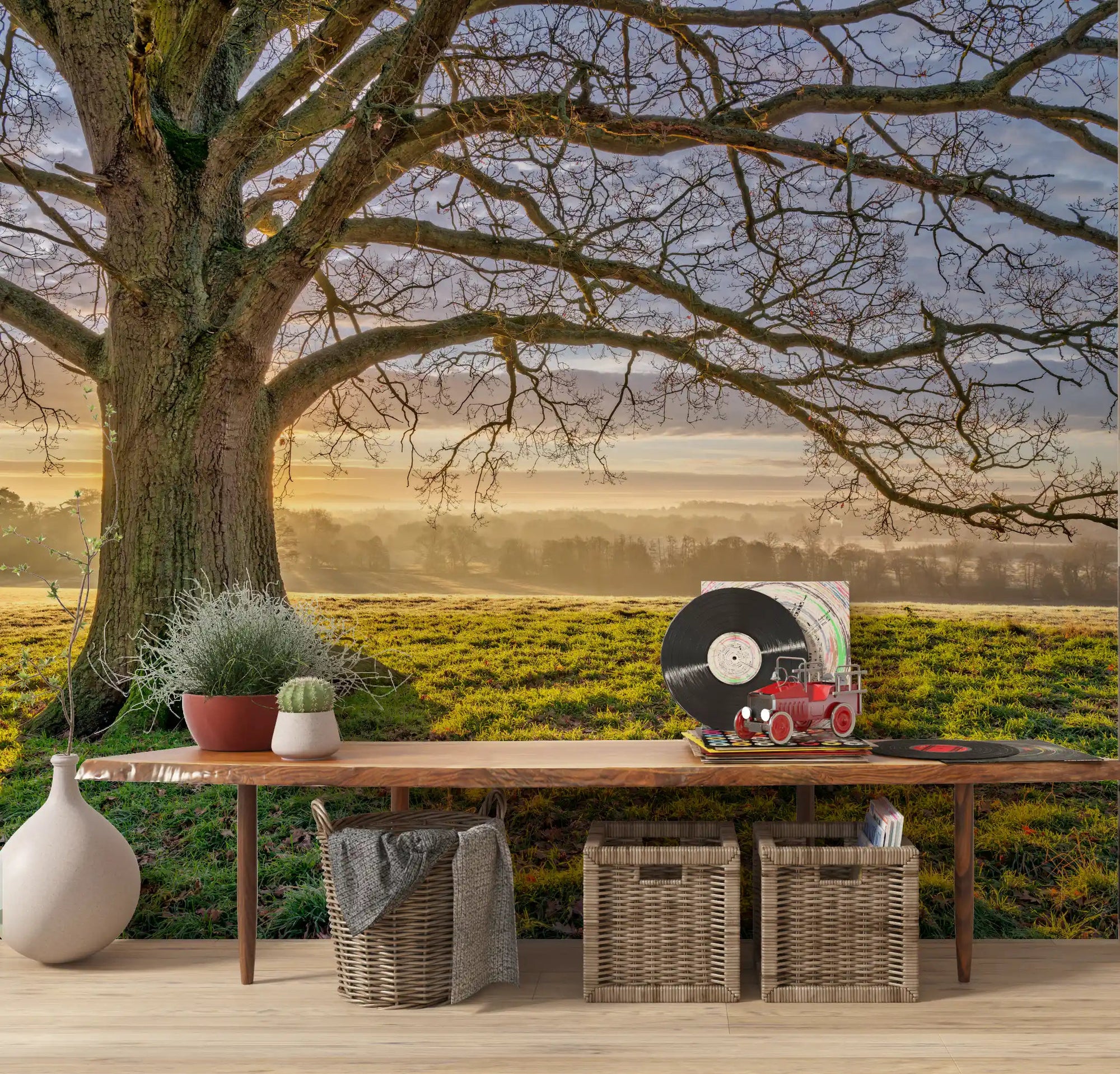 Misty oak tree mural displayed in a hallway with neutral walls., GD10441
