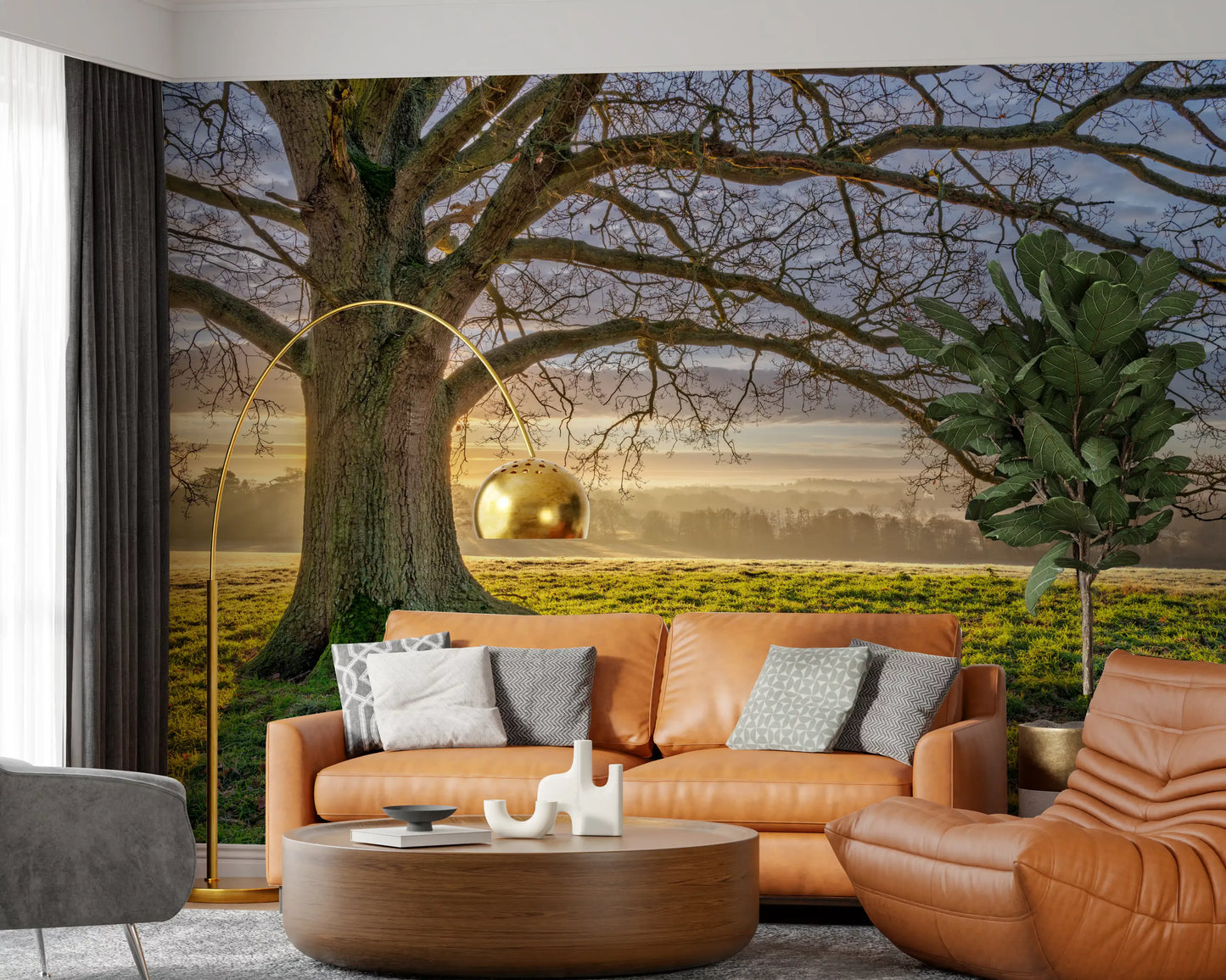Oak tree wall mural with textured bark and wide bare winter branches., GD10441