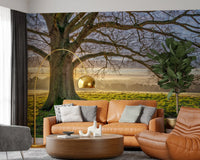 Oak tree wall mural with textured bark and wide bare winter branches., GD10441
