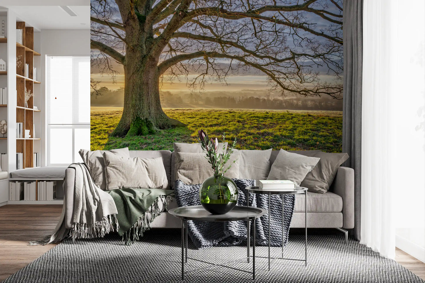 Morning mist oak tree mural featuring layered sky and golden light., GD10441