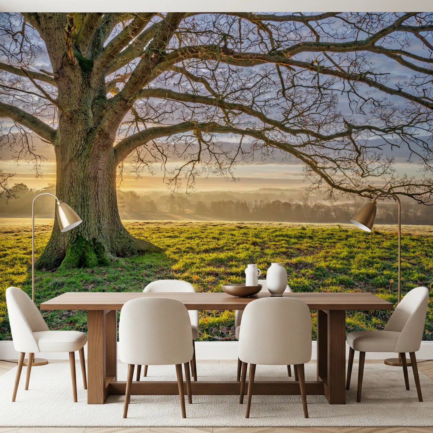 Golden dawn landscape mural with hazy tree line and warm horizon glow in dining room., GD10441