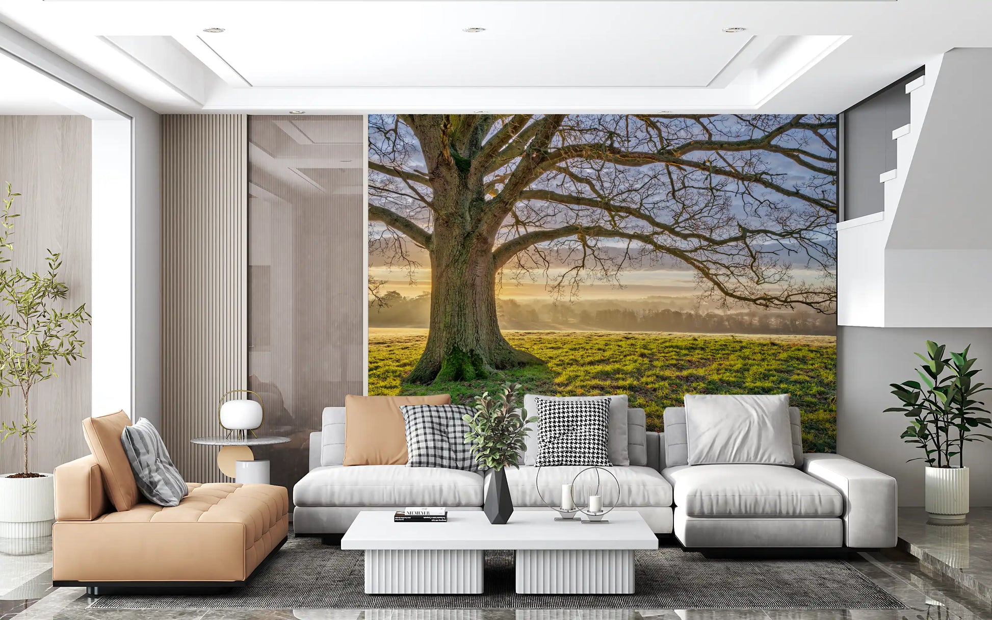 Golden dawn mural showing a large bare oak tree on a green landscape., GD10441