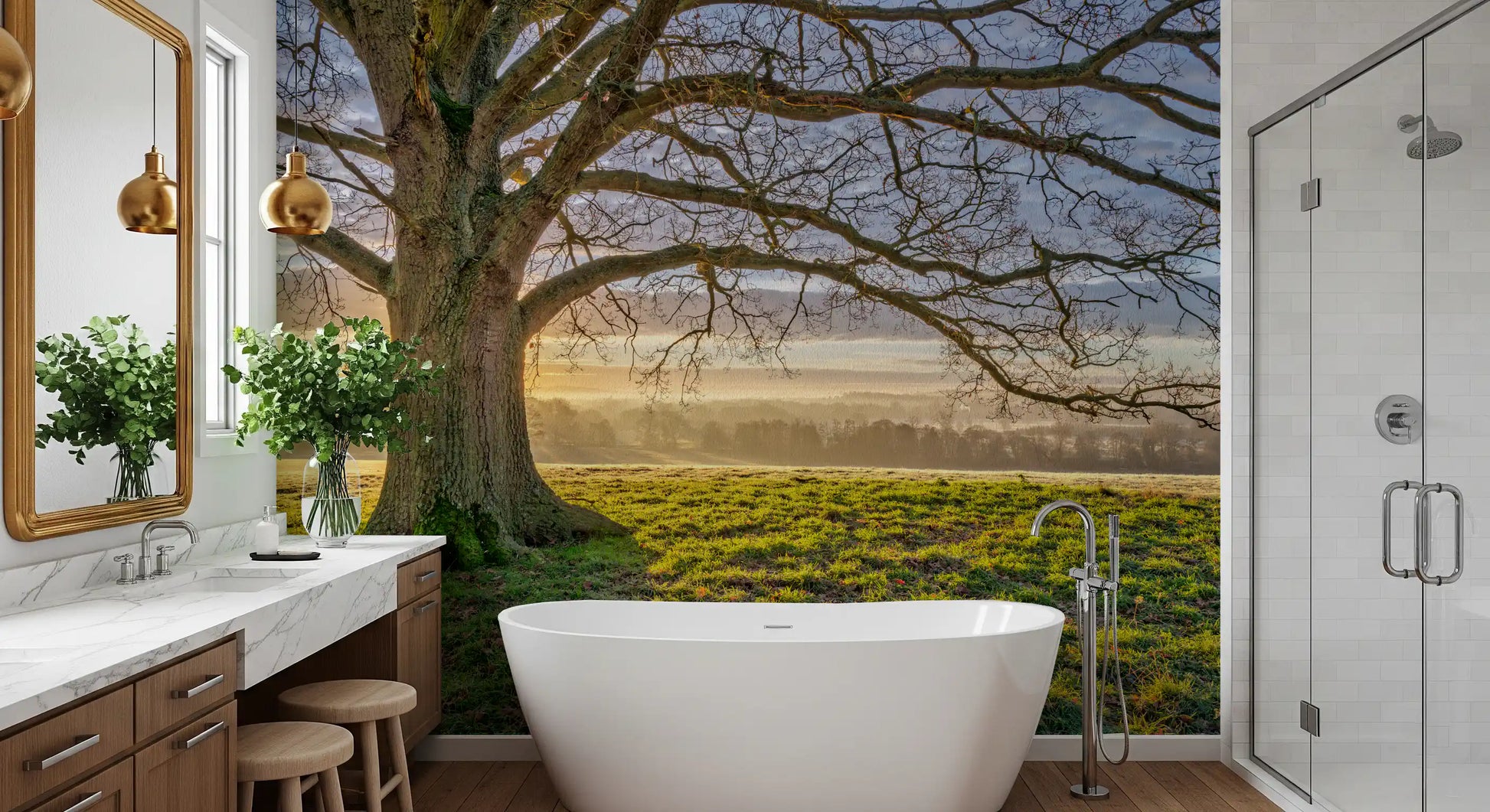 Bare oak canopy wall mural with dew-covered green field beneath in bathroom., GD10441