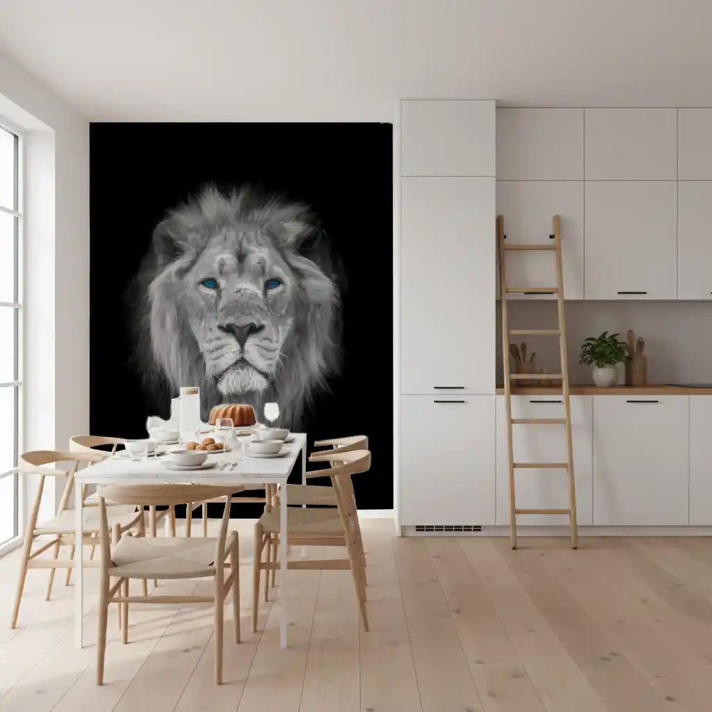 Azure eye king lion wall mural in a dining room with dark color.