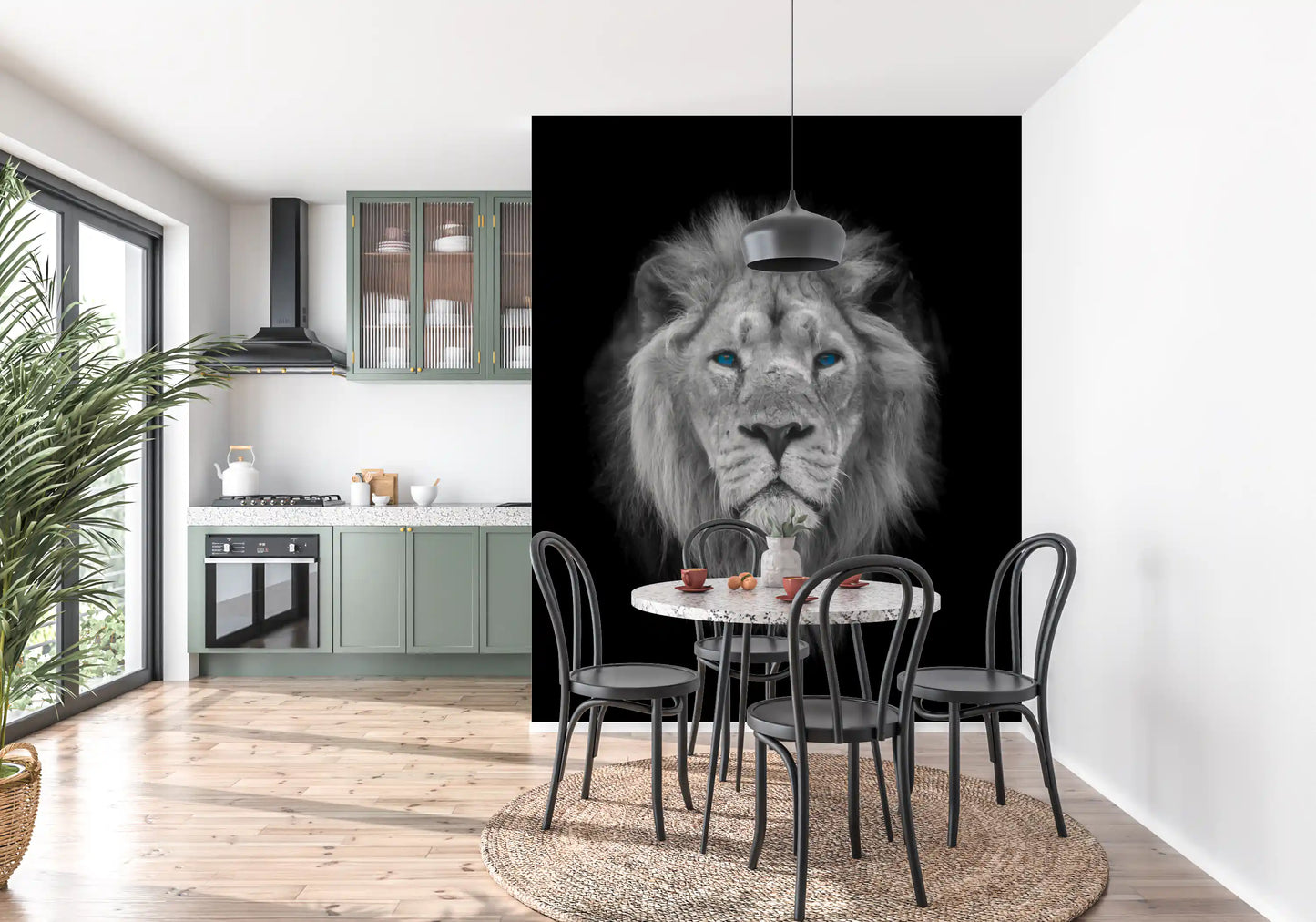 Lion portrait mural featuring symmetrical framing and dark backdrop., GD10442