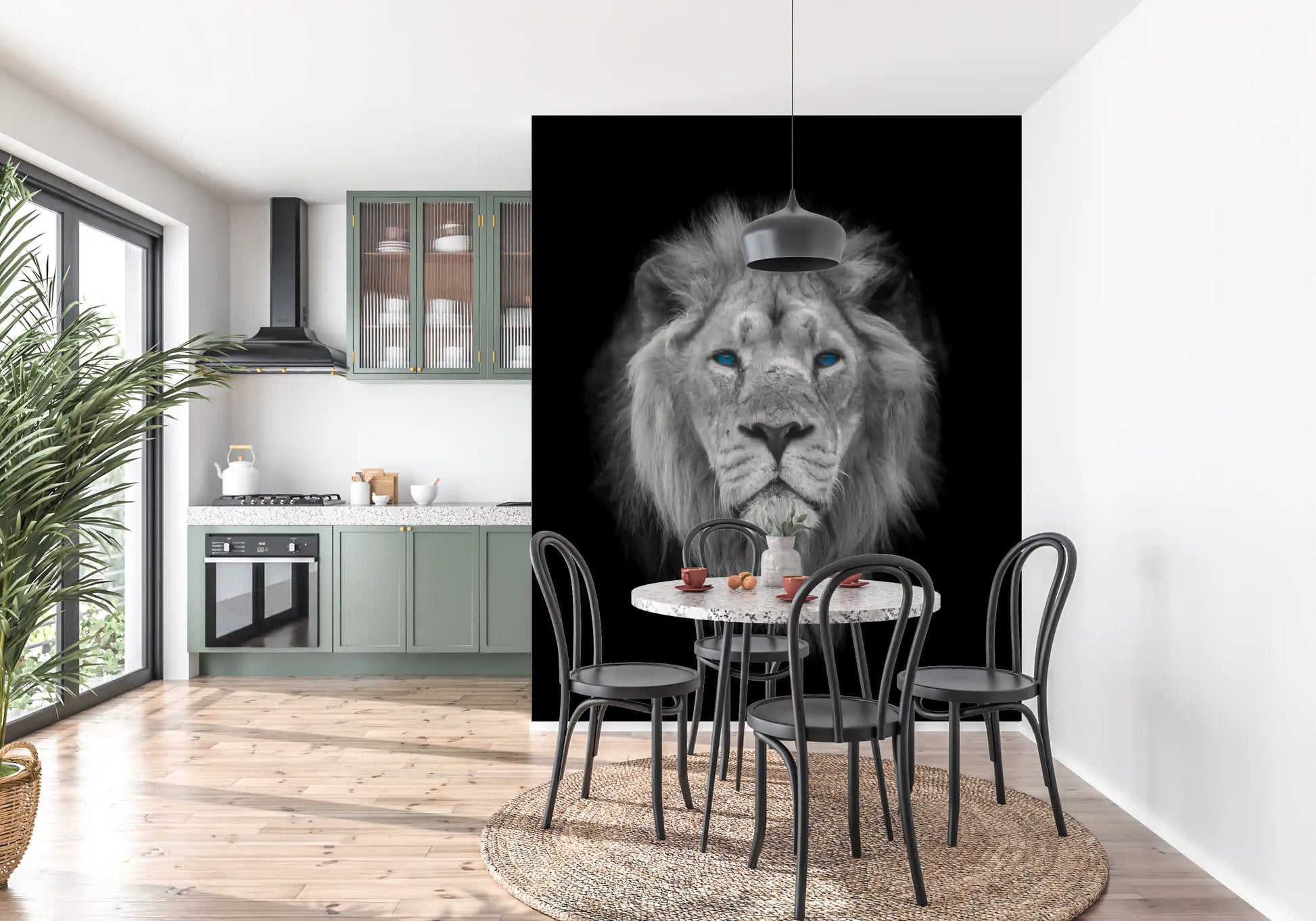 Lion portrait mural featuring symmetrical framing and dark backdrop., GD10442