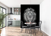 Lion portrait mural featuring symmetrical framing and dark backdrop., GD10442