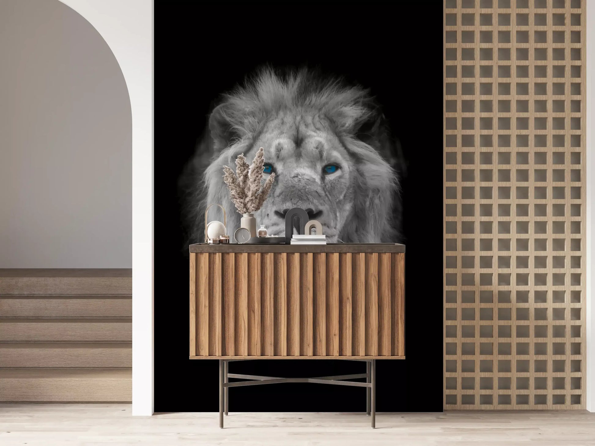 High-contrast lion mural with blue eyes as the single colour accent., GD10442