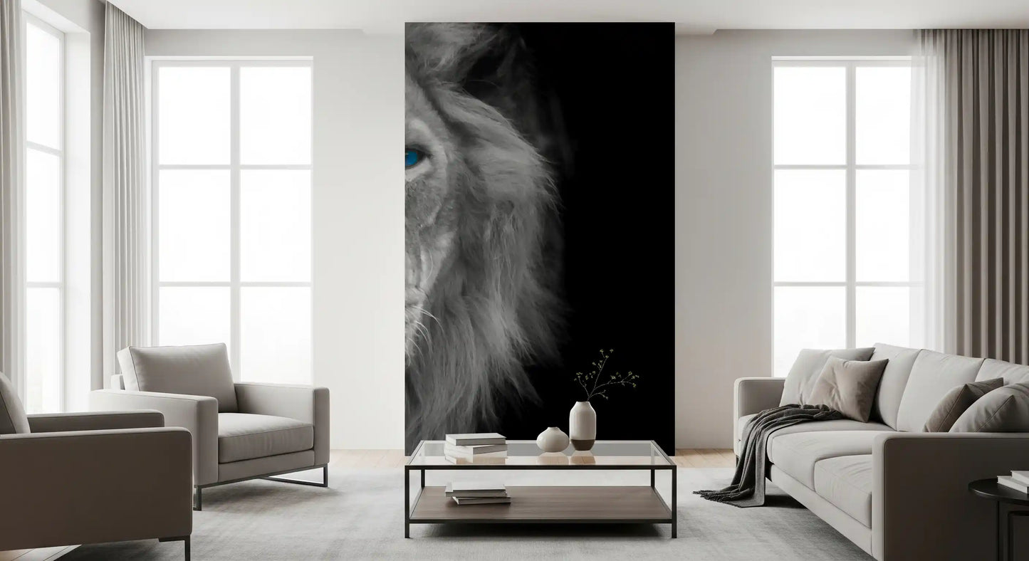 Azure eye king mural showing detailed mane texture on black background., GD10442