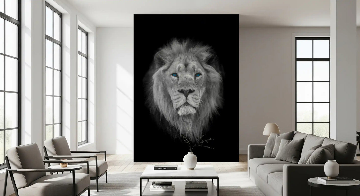 Front-facing lion portrait mural in greyscale with vivid blue gaze., GD10442