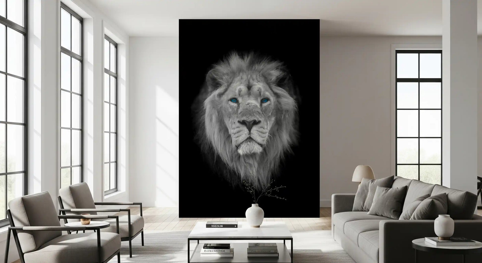 Front-facing lion portrait mural in greyscale with vivid blue gaze., GD10442